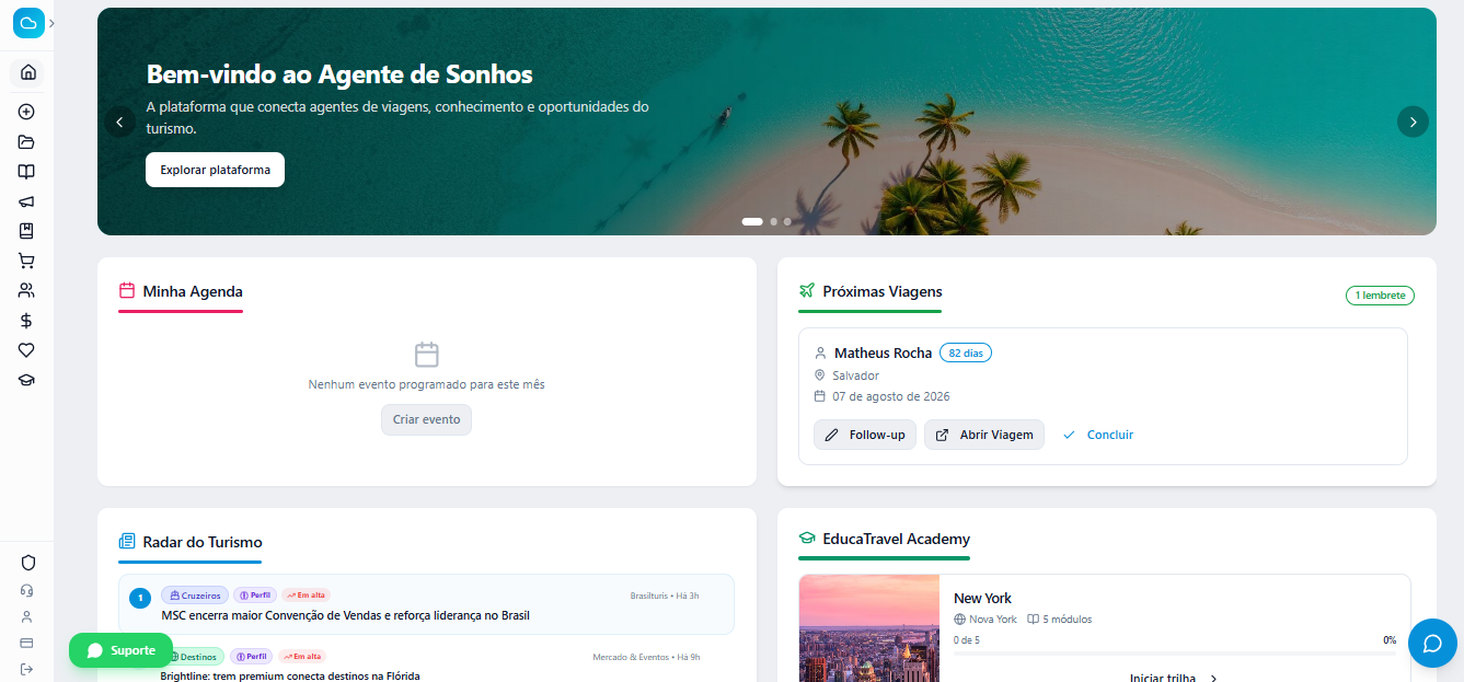 Painel da plataforma Agentes de Sonhos